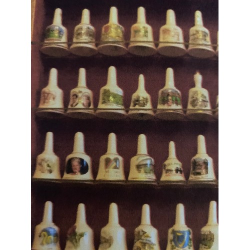 415 - Collection of 61 bone china miniatures with wooden display stand. The collection consists of 59 bell... 