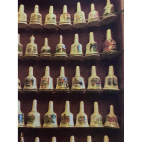 415 - Collection of 61 bone china miniatures with wooden display stand. The collection consists of 59 bell... 