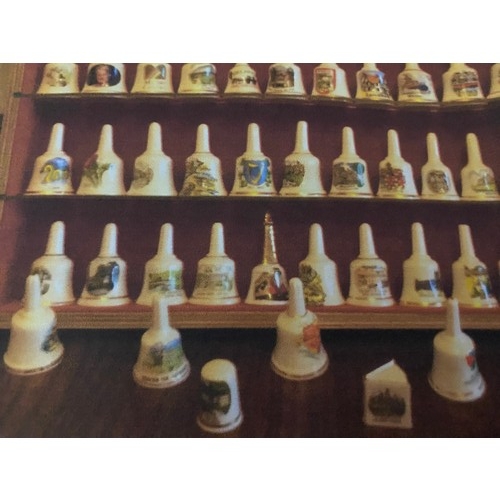 415 - Collection of 61 bone china miniatures with wooden display stand. The collection consists of 59 bell... 