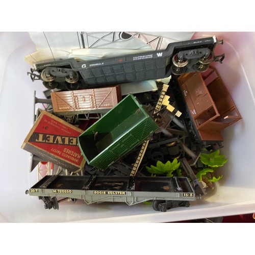 32 - Box filled with vintage Hornby Triang and others model railway including, carriages, engines, buildi... 