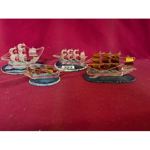 392 - Selection of 4 Glass Galleons on crystal base.