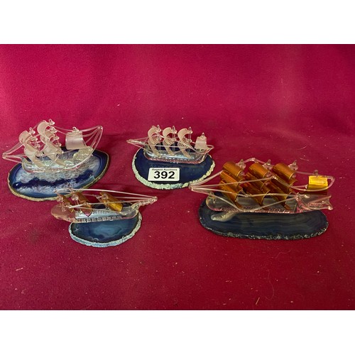 392 - Selection of 4 Glass Galleons on crystal base.