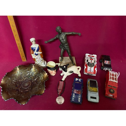 399 - Selection of assorted pottery and bric a brac, including cars, lustre plate and metal figure on stan... 