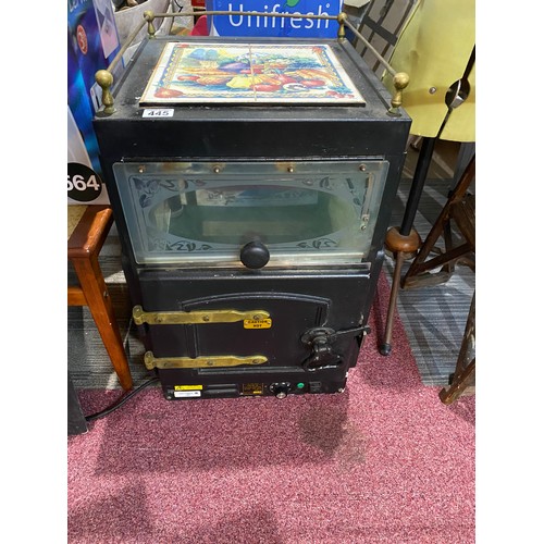 445 - Retro potato oven with tile top and brass fittings.