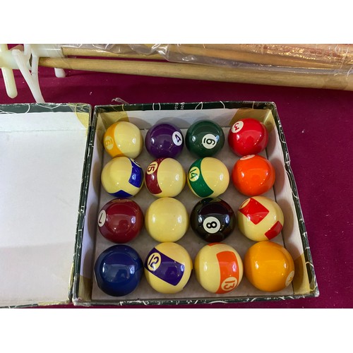 617 - Boxed vintage Aramith pool balls plus cues and rests