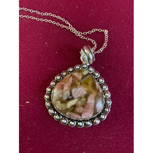 523 - Pink rhodochrosite gemstone set in silver on silver chain