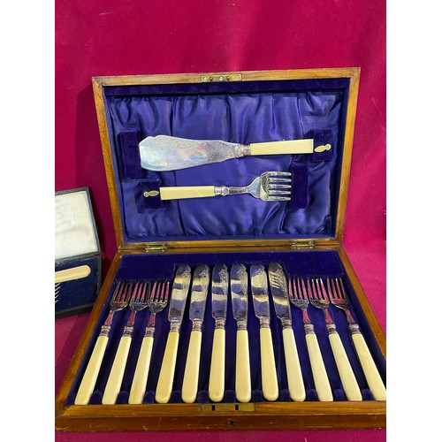 562 - Collection of boxed cutlery including fish knife set with silver bands