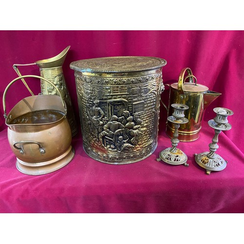 681 - Selection of brass and copper including jugs, candlestick holders etc