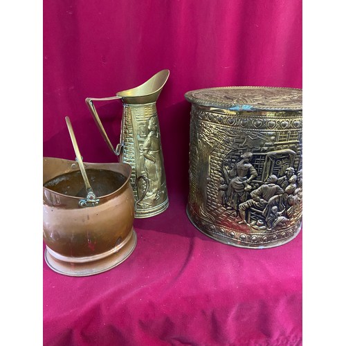 681 - Selection of brass and copper including jugs, candlestick holders etc