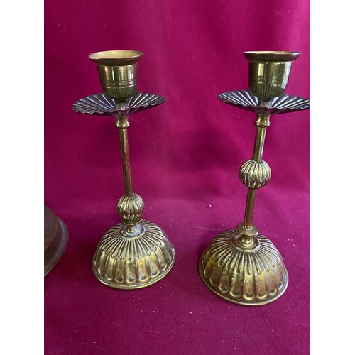 804 - Vintage brass including oil lamp, Schweppes bell, candlesticks etc