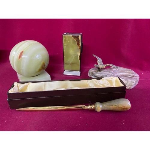 810 - Vintage onyx ad marble ball, letter opener, ashtrays and art deco sarome table lighter