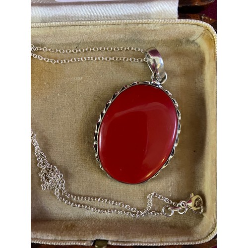 506 - Large Red Coral pendant set in silver on silver chain