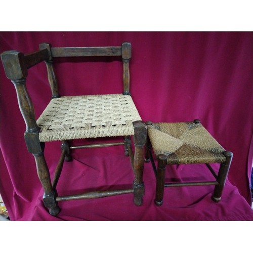 885 - Vintage French wooden and raffia corner chair and stool