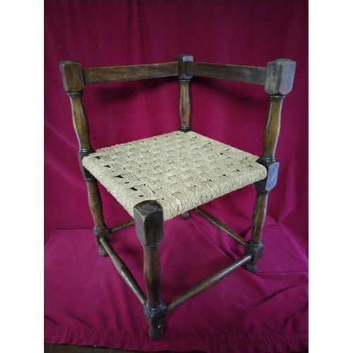 885 - Vintage French wooden and raffia corner chair and stool