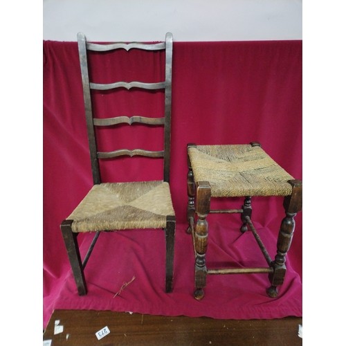 886 - Antique low ladder back chair with rush seat and stool