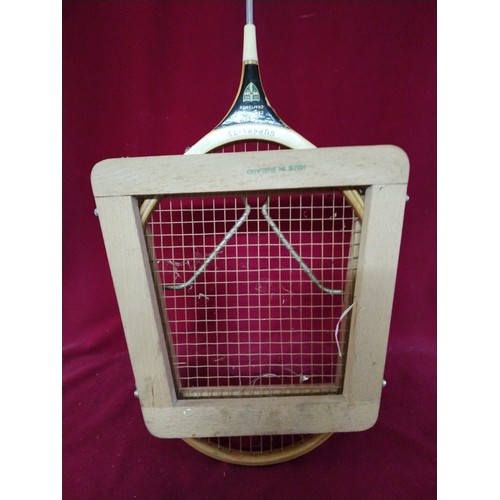 873 - 3 x vintage squash rackets, a Slazenger 'The Wippet', a Dunlop 'blue flash' with Dunlop press frame ... 