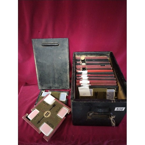 538 - Vintage wooden box measuring 35 x 24 x 24 cms containing playing cards including bridge