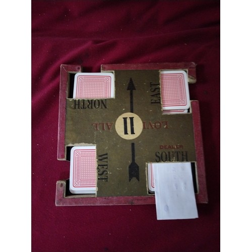 538 - Vintage wooden box measuring 35 x 24 x 24 cms containing playing cards including bridge