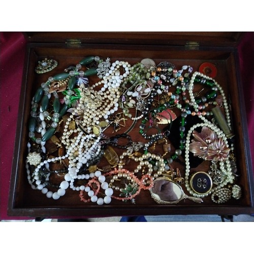 595 - Wooden tray filled with vintage costume jewellery