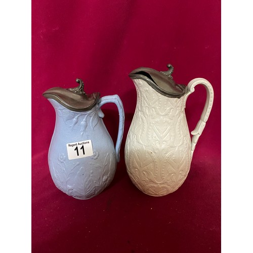 11 - 4 Victorian jug, 2 with pewter lids.