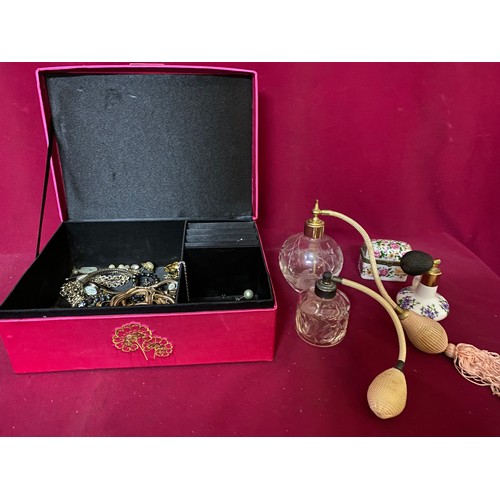 265 - Collection of atomisers, trinket box and costume jewellery