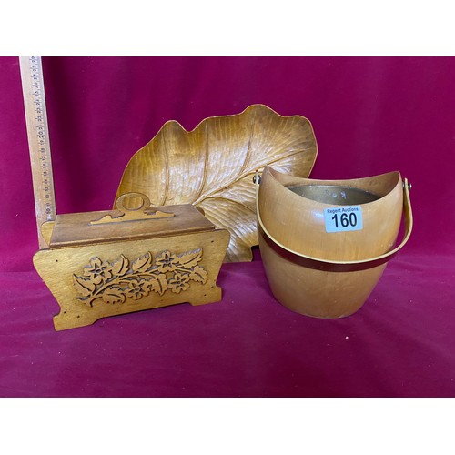 160 - Mid century Danish wooden leaf tray, tea caddy and ice bucket.