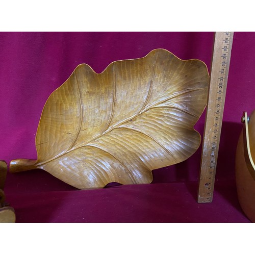 160 - Mid century Danish wooden leaf tray, tea caddy and ice bucket.