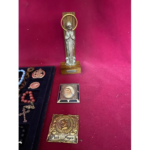 Vintage religious items including Rosary Beads, crucifixes, Pope