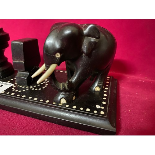 22 - Vintage Ebony matchbox holder and ashtray with elephant design.