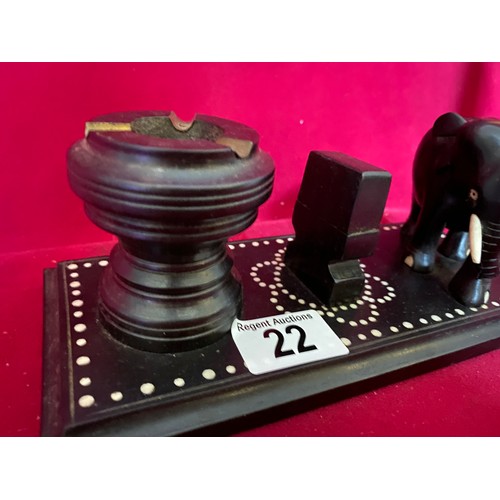 22 - Vintage Ebony matchbox holder and ashtray with elephant design.