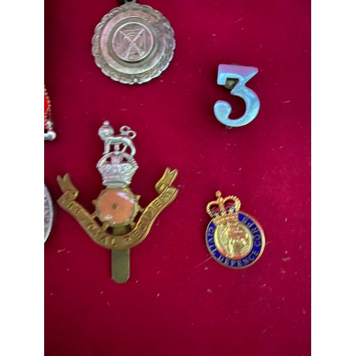 47 - Original WW2 full size medal with ribbon, Loyal Regiment cap Badge and others.