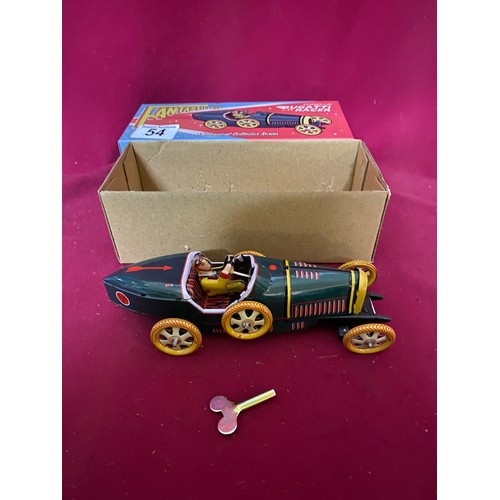 54 - Clockwork tin plate Bugatti racing car in box.