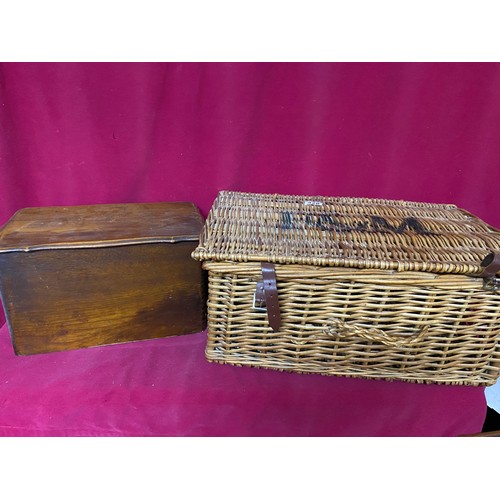 428 - Vintage Fortnam & Mason wicker basket measuring 54 x 35 x 25 cms tall and a wooden box measuring 38 ... 