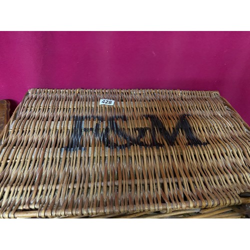 428 - Vintage Fortnam & Mason wicker basket measuring 54 x 35 x 25 cms tall and a wooden box measuring 38 ... 