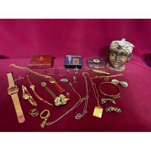 447 - Collection of costume jewellery, watches, bracelets, 1902 coronation medal and other curios