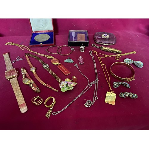 447 - Collection of costume jewellery, watches, bracelets, 1902 coronation medal and other curios