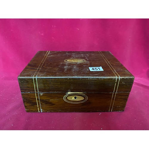 451 - Wooden inlaid box with selection of costume jewellery