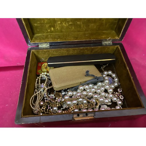 451 - Wooden inlaid box with selection of costume jewellery