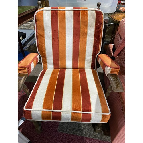 455 - Recently upholstered fireside chair in cream, orange and brown with mahogany frame