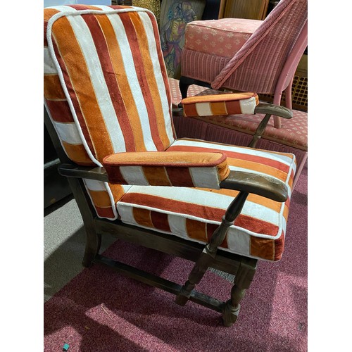 455 - Recently upholstered fireside chair in cream, orange and brown with mahogany frame