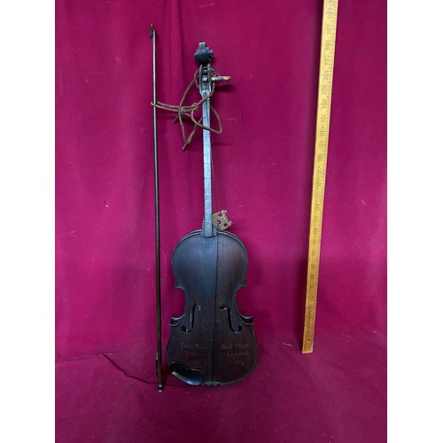 108 - Antique one string fiddle in case marked 'first prize Preston 1925'