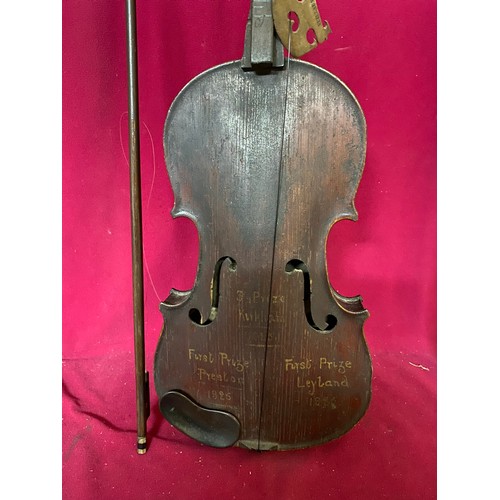 108 - Antique one string fiddle in case marked 'first prize Preston 1925'