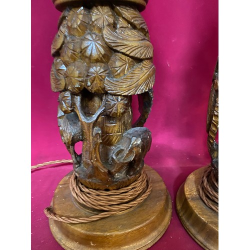 3 - 2 vintage hand carved wooden lamps.