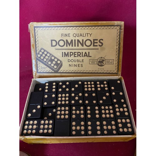 176 - WW2 pocket dominoes, antique brass cribbage board and imperial dominoes.