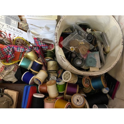 184 - Wicker sewing basket filled with buttons and cottons