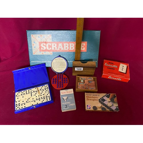 188 - Selection of retro and vintage games including scrabble, solitaire, draughts, canasta and wooden blo... 