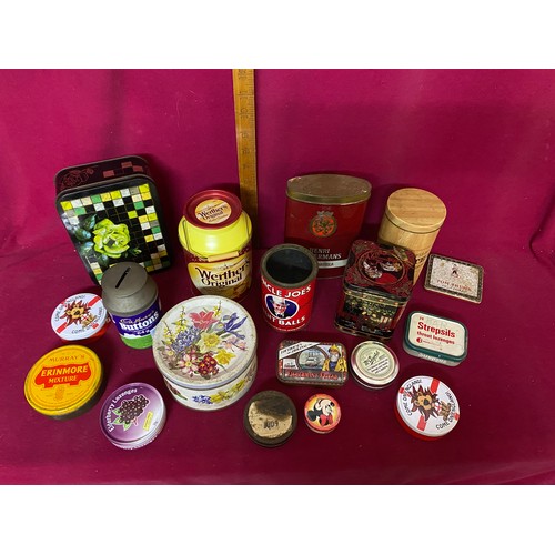 225 - Collection of vintage metal advertising tins including 'Fishermans Friend', 'Buttons'. ''Strepsils',... 