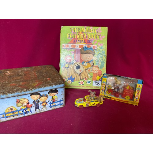 135 - Magic Roundabout items including an Annual 1970, a boxed Corgi Mr Mchenry's trike and Zebedee box, c... 