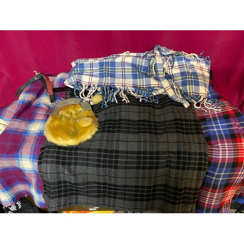 367 - Selection of 3 x kilts, 2 made by Thomas Gordon and Sons Glasgow, a sporran and a sash.