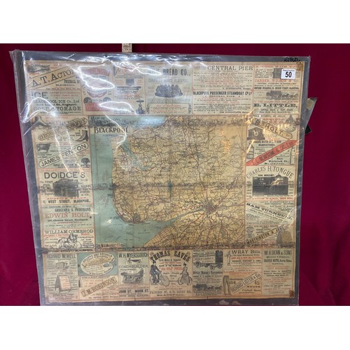 50 - Large late Victorian early Edwardian map of Blackpool displayed on board with local adverts.